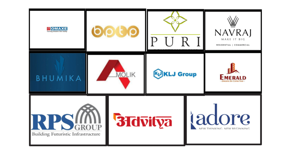 Logos of top real estate builders in Faridabad including Omaxe, BPTP, Puri, Navraj, KLJ Group, Emerald, RPS Group, Advitya, Adore, Amolik, and Bhumika.